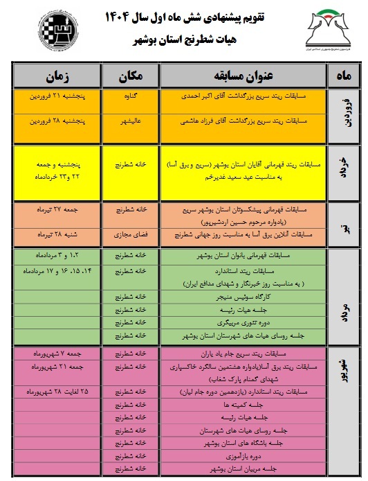 تقویم پیشنهادی شش ماهه اول سال 1404 هیات شطرنج استان بوشهر